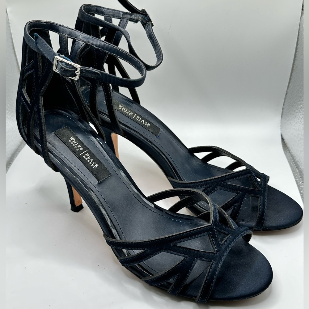 WHBM Navy Satin Strappy Heels